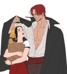  1boy 1girl back_hair bag black_cape bracelet cape facial_hair head_scarf highres holding holding_bag jewelry looking_at_another makino_(one_piece) medium_hair mush820823 one_piece open_mouth partially_unbuttoned redhead scar scar_across_eye shanks_(one_piece) shopping_bag short_hair short_sleeves simple_background smile teeth white_background 