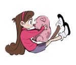  1boy 1girl animal black_footwear blush_stickers brown_hair eye_contact face-to-face from_side gravity_falls hairband holding holding_animal kumao_(uexxww) legs_up long_hair looking_at_another loose_socks mabel_pines noses_touching pet pig pink_sweater profile purple_skirt shoes sitting skirt socks sweater very_long_hair waddles white_socks 