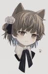  1girl animal_ears black_bow black_bowtie black_ribbon bow bowtie brown_eyes brown_hair cat_ears closed_mouth colored_inner_hair commentary_request cropped_shoulders fang flower grey_background grey_hair hair_flower hair_ornament hair_ribbon hatoba_tsugu kemonomimi_mode looking_at_viewer mikemomonga mole mole_under_eye multicolored_hair paw_print ribbon rose simple_background single_hair_ring skin_fang solo tsugu_(vtuber) virtual_youtuber white_flower white_rose 