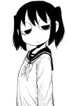  1girl :/ bags_under_eyes borrowed_character commentary_request expressionless from_side greyscale haguruma_hasami half-closed_eyes head_tilt kikai_(akita_morgue) long_sleeves looking_at_viewer looking_to_the_side messy_hair monochrome neckerchief no_pupils original school_uniform serafuku short_hair short_twintails simple_background solo twintails upper_body 