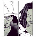  2boys black_hair coat dreadlocks earrings facial_hair family father_and_son glasses goatee grin hat hoop_earrings jewelry long_hair long_nose looking_at_viewer male_focus medium_hair monochrome multiple_boys mush820823 one_piece one_piece_film:_red simple_background smile star_(symbol) usopp wavy_hair yasopp 