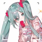  1girl absurdres blue_eyes blue_hair blush cellphone flip_phone hatsune_miku highres jacket long_hair miermere open_clothes open_jacket phone pink_jacket shirt solo striped striped_shirt twintails vocaloid 