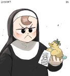  1girl :&lt; bag bird bird_on_hand bottle_cap brown_hair child&#039;s_drawing diva_(hyxpk) duck duckling frog_headband froggy_nun_(diva) habit highres holding holding_paper numbered nun original paper simple_background white_background 