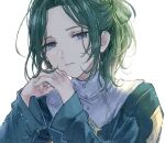 1boy blue_eyes dark_green_hair fire_emblem fire_emblem:_three_houses fire_emblem_warriors:_three_hopes frown hair_intakes hands_up hani_(udauda) interlocked_fingers linhardt_von_hevring long_sleeves male_focus own_hands_together parted_lips simple_background solo turtleneck upper_body white_background 