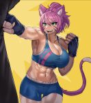 abs absurdres animal_ears boxing cat_ears cat_tail exercise ezzyecchi final_fantasy final_fantasy_xiv flying_sweatdrops green_eyes gym_uniform highres miqo&#039;te muscular muscular_female non-web_source open_mouth pink_hair ponytail punching punching_bag short_hair smile sports_bra sweat tail tomboy warrior_of_light_(ff14)