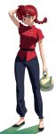  1girl blue_hair braid braided_ponytail closed_mouth genderswap genderswap_(mtf) hand_in_own_hair highres holding holding_teapot long_hair pants ranma-chan ranma_1/2 redhead shirt shoes short_sleeves simple_background solo some1else45 standing teapot white_background 