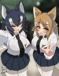  2girls akaisuto alternate_costume animal_ears anzio_school_uniform black_necktie blue_eyes blush breast_pocket collared_shirt commission extra_ears fangs girls_und_panzer grey_hair grey_skirt grey_wolf_(kemono_friends) hair_between_eyes heterochromia highres italian_wolf_(kemono_friends) kemono_friends light_brown_hair long_hair long_sleeves multicolored_hair multiple_girls necktie open_mouth orange_eyes pantyhose pleated_skirt pocket school_uniform shirt sidelocks skeb_commission skirt tail two-tone_hair v white_hair white_pantyhose white_shirt wolf_ears wolf_girl wolf_tail yellow_eyes 