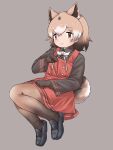  1girl animal_ears black_footwear black_shirt blush bow bowtie brown_gloves brown_hair brown_pantyhose collared_shirt dog_ears dog_girl dog_tail dress extra_ears full_body gloves gradient_legwear highres kemono_friends light_brown_hair loafers long_sleeves looking_at_viewer multicolored_hair new_guinea_highland_wild_dog_(kemono_friends) pantyhose red_dress shirt shoes short_hair smile solo t-shirt tail two-tone_pantyhose uf34a white_bow white_bowtie white_hair yellow_eyes 