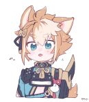  1boy animal_ears armor blue_eyes brown_hair cropped_torso dog_boy dog_ears dog_tail genshin_impact gorou_(genshin_impact) hair_ornament homare_(g_hmr88) japanese_armor japanese_clothes male_focus multicolored_hair open_mouth signature simple_background solo tail tongue tongue_out upper_body white_background white_hair 