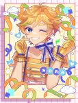  1boy blonde_hair blue_eyes character_name clouds confetti double_finger_heart earrings ensemble_stars! gloves harukawa_sora heart highres jewelry looking_at_viewer male_focus multicolored_background neck_ribbon official_alternate_costume one_eye_closed orange_gloves orange_shirt red_background ribbon riri_(riri_nemuioo0) shirt smile solo star_(symbol) striped striped_background teeth yellow_background 