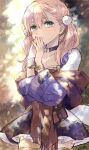  1girl atelier_(series) atelier_escha_&amp;_logy blush bracelet braid choker collarbone cowboy_shot escha_malier green_eyes hair_between_eyes hair_ornament hands_up hani_(udauda) jewelry legs_apart long_sleeves medium_hair miniskirt parted_lips pink_hair pom_pom_(clothes) pom_pom_hair_ornament pouch purple_choker purple_skirt skirt solo standing steepled_fingers tail thigh-highs twintails white_tail zettai_ryouiki 