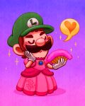  1boy artist_name blush brown_hair closed_eyes closed_mouth crossdressing dress facial_hair gem gloves gradient_background green_headwear hand_fan hand_on_own_face happy hat heart holding holding_fan leonieyue luigi making-of male_focus mario_&amp;_luigi:_superstar_saga mario_&amp;_luigi_rpg mixed-language_commentary mustache pink_background pink_dress purple_background rocket_launcher rpg shadow simple_background smile solo sparkle speech_bubble super_mario_bros. thick_eyebrows weapon white_gloves 