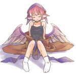  1girl animal_ears bird_ears bird_wings black_camisole blue_headwear blush brown_kimono camisole closed_eyes collarbone full_body head_scarf japanese_clothes kimono mystia_lorelei okamisty open_mouth pink_hair purple_wings rangycrow short_hair simple_background socks solo touhou white_background white_socks wings 