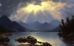  absurdres clouds cloudy_sky day forest glowing grass highres hill lake landscape light_rays mountain mountainous_horizon nature no_humans original outdoors philipp_urlich plant reflection reflective_water rock rural scenery signature sky sunbeam sunlight tree water 