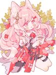  1girl :o animal_ears arknights blush bow braid clothing_cutout cropped_legs cup flower flower-shaped_pupils hair_bow hair_ornament high-waist_skirt highres holding holding_cup long_hair nail_polish open_mouth pink_eyes pink_hair pink_nails pixelated plant pozyomka_(arknights) red_bow red_flower red_rose red_skirt rose saucer_(saucer752) shoulder_cutout side_braid sidelocks simple_background skirt solo sparkle symbol-shaped_pupils teacup thigh_strap very_long_hair white_background wolf_ears wolf_girl 