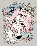  1girl bright_pupils closed_eyes clouds creature crescent_moon flower garouma grey_background hair_between_eyes highres looking_at_viewer moon original pink_eyes pink_hair portrait red_flower short_hair simple_background smile snake solo star_(symbol) thorns tongue tongue_out white_pupils 