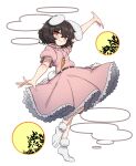  1girl animal_ears black_hair blush carrot_necklace closed_mouth dress frilled_dress frilled_sleeves frills full_body hair_between_eyes highres inaba_tewi jewelry necklace nyong_nyong pink_dress rabbit_ears rabbit_tail red_eyes short_hair short_sleeves smile socks solo tail touhou transparent_background white_socks 