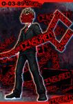  1boy bar_censor black_footwear black_jacket black_pants blonde_hair buttons censored censored_(lobotomy_corporation) check_gender collared_jacket collared_shirt commentary_request dark_background denim e.g.o_(project_moon) employee_(lobotomy_corporation) faceless full_body holding holding_weapon jacket jeans lobotomy_corporation long_sleeves meimaru_inuchiyo necktie numbered pants partial_commentary project_moon red_necktie shirt shoes spiky_hair weapon white_shirt 
