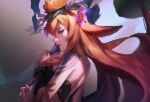  1girl animal_ears antlers bare_shoulders brown_hair colored_skin flower from_side hair_flower hair_ornament highres horse_ears kamiaodeyemao league_of_legends lillia_(league_of_legends) looking_at_viewer multicolored_background multicolored_skin official_alternate_costume orange_flower pink_eyes pink_flower pink_lips pink_skin profile solo 
