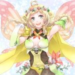  1girl ahoge alternate_hairstyle armpits blonde_hair braid breasts cape cosplay ebi_puri_(ebi-ebi) fire_emblem fire_emblem_fates fire_emblem_heroes grey_eyes low_twin_braids medium_breasts nina_(fire_emblem) nina_(fire_emblem)_(cosplay) nina_(resplendent)_(fire_emblem) open_mouth ophelia_(fire_emblem) solo swept_bangs teeth turtleneck twin_braids twintails upper_teeth_only yellow_cape 