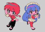  2girls artist_name black_footwear blue_eyes blush braid braided_ponytail brown_eyes chibi egg_(food) food highres menma_(enaic31) multiple_girls open_mouth ranma-chan ranma_1/2 redhead shampoo_(ranma_1/2) simple_background 