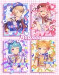  4boys absurdres androgynous blonde_hair blue_background blue_border blue_eyes blue_hair blue_headwear blue_shirt blue_vest blush border branco_(ensemble_stars!) bug butterfly character_name closed_mouth clouds confetti double_finger_heart earrings ensemble_stars! flower gloves green_eyes harukawa_sora hat heart heart_hands heart_of_string highres himemiya_tori jewelry light_blue_background light_blue_hair long_sleeves looking_at_viewer male_focus mini_hat mini_top_hat multicolored_background multicolored_shirt multiple_boys neck_ribbon official_alternate_costume one_eye_closed open_mouth orange_gloves orange_shirt pink_background pink_hair purple_background purple_border purple_gloves purple_shirt rabbit red_background red_headwear red_shirt ribbon riri_(riri_nemuioo0) shino_hajime shiratori_aira_(ensemble_stars!) shirt short_hair short_sleeves smile star_(symbol) striped striped_background stuffed_animal stuffed_toy teddy_bear teeth top_hat vest violet_eyes white_shirt wings yellow_background yellow_butterfly 