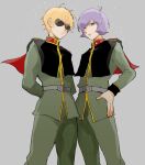  2boys arms_behind_back belt black_cape blue_eyes brown_eyes cape char_aznable closed_mouth garma_zabi green_jacket grey_background grey_belt gundam hand_on_own_hip high_collar jacket long_sleeves looking_at_viewer male_focus meiko_(hishi) military_uniform mobile_suit_gundam_the_origin multiple_boys partially_opaque_sunglasses purple_hair red_cape short_hair simple_background standing sunglasses two-sided_cape two-sided_fabric uniform 