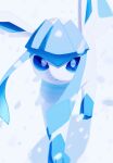  blue_eyes bright_pupils commentary_request day glaceon highres looking_at_viewer no_humans nobu_(rghw3527) outdoors pokemon pokemon_(creature) snow snowing solo standing 