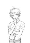  1boy ahoge breast_pocket collared_shirt cowboy_shot danganronpa_(series) danganronpa_2:_goodbye_despair greyscale hand_up highres hinata_hajime male_focus monochrome necktie pants pocket shirt short_hair short_sleeves simple_background solo thinking white_background youko-shima 