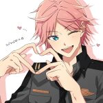 1boy blue_eyes collared_shirt commentary_request dino_albani finger_heart fingernails hands_up heart helios_rising_heroes highres looking_at_viewer male_focus one_eye_closed open_collar open_mouth pink_hair shirt short_hair solo star_(symbol) suno_62 teeth upper_body upper_teeth_only white_background 