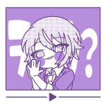  1boy ? blush_stickers blush_visible_through_hair cardigan chibi collared_shirt commentary_request double-parted_bangs eyes_visible_through_hair framed hair_between_eyes heart heart-shaped_pupils kamishiro_rui kamiyama_high_school_uniform_(project_sekai) looking_at_viewer loose_necktie male_focus monochrome multicolored_hair necktie open_collar own_hands_together parted_lips partial_commentary play_button project_sekai purple_theme school_uniform screentones shirt short_hair simple_background sleeves_past_elbows sleeves_rolled_up streaked_hair symbol-shaped_pupils text_background tsurime two-tone_hair ui_(ui_73) upper_body 