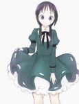  1girl :/ absurdres adapted_costume black_bow black_bowtie black_hair bow bowtie buttons cheshikk chito_(shoujo_shuumatsu_ryokou) closed_mouth collared_dress commentary dress feet_out_of_frame frilled_dress frills green_dress hair_over_shoulder highres juliet_sleeves layered_dress lolita_fashion long_hair long_sleeves looking_at_viewer low_twintails puffy_sleeves raised_eyebrows short_eyebrows shoujo_shuumatsu_ryokou simple_background skirt_hold sleeve_cuffs sleeve_garter solo symbol-only_commentary twintails violet_eyes white_background 