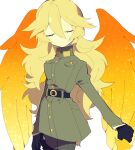  1girl angel black_gloves blonde_hair closed_eyes closed_mouth feathered_wings funamusea gloves higa423 igls_unth long_hair military_uniform solo uniform wings 