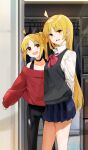 2girls :d ahoge alternate_costume black_choker black_pants blonde_hair blush bocchi_the_rock! bow bowtie choker cosplay costume_switch funi_mu9 hair_ornament highres ijichi_nijika ijichi_seika indoors long_hair long_sleeves looking_at_another looking_at_viewer multiple_girls open_mouth pants red_bow red_bowtie red_eyes red_sweater school_uniform shirt siblings side_ponytail sisters skirt smile sweater 