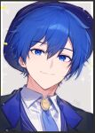  1boy black_border blue_eyes blue_hair blue_necktie border closed_mouth collared_shirt commentary confetti hair_between_eyes hat kaito_(vocaloid) lapels looking_at_viewer male_focus necktie notched_lapels panprika project_sekai shirt short_hair solo star_(symbol) vocaloid 