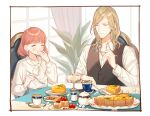  1boy 1girl ^_^ blonde_hair blue_skirt blueberry blush bob_cut border bow bowtie brown_vest buttoned_cuffs cake_stand camus_(uta_no_prince-sama) choppy_bangs closed_eyes collared_shirt cookie covering_mouth creamer_(vessel) cup curtains eating flower food fork fruit hair_behind_ear happy holding holding_fork holding_knife ice_cream indoors knife long_sleeves medium_hair nanami_haruka open_collar orange_(fruit) orange_slice pink_hair plant plate saucer shirt short_hair skirt smile strawberry sugar_bowl swept_bangs table tablecloth tart_(food) tart_slice tea teacup thumbprint_cookie tubame-hien upper_body uta_no_prince-sama vest white_border white_bow white_bowtie white_flower white_shirt window 