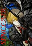  1boy axe black_gloves black_jacket blonde_hair closed_mouth collared_shirt gloves highres jacket limbus_company long_sleeves looking_at_viewer male_focus necktie nishikujic project_moon red_necktie shirt sinclair_(limbus_company) snake solo tree upper_body white_shirt yellow_eyes 