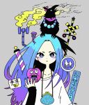  1girl apple aqua_hair bird blue_eyes blue_hair bright_pupils food fruit garouma gradient_hair grey_background highres jewelry looking_at_viewer multicolored_hair necklace original purple_hair shirt simple_background sleeves_past_wrists smoke solo upper_body white_pupils white_shirt 