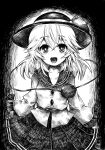  1girl :d commentary_request greyscale hat hat_ribbon highres komeiji_koishi looking_at_viewer medium_hair monochrome open_mouth ribbon shirt skirt smile solo third_eye touhou washiwa 