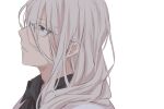  1boy blue_eyes character_request collared_shirt commentary_request from_side glasses hair_over_shoulder helios_rising_heroes long_hair male_focus parted_lips partial_commentary portrait sekina shirt simple_background solo white_background white_hair 