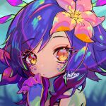  1girl blue_hair blue_skin blurry blurry_background brown_eyes closed_mouth colored_skin dokumi flower green_skin hair_flower hair_ornament hand_up league_of_legends looking_at_viewer medium_hair neeko_(league_of_legends) pink_flower pink_skin portrait purple_hair solo 