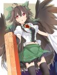  1girl :o ahoge arm_cannon ashigaruk bird_wings black_hair breasts bright_pupils chest_jewel chestnut_mouth commentary_request drop_shadow dutch_angle feathered_wings feet_out_of_frame green_skirt hair_between_eyes highres light_blush long_hair looking_at_viewer medium_breasts midriff navel open_mouth red_eyes reiuji_utsuho skirt solo thigh-highs touhou very_long_hair weapon white_pupils wings 