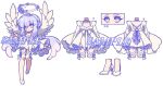  1girl angel_wings dress flower-shaped_pupils full_body halo highres leg_ribbon long_hair multiple_views original outstretched_arm outstretched_hand purple_hair reference_sheet ribbon sample_watermark smile symbol-shaped_pupils thigh_ribbon turnaround very_long_hair violet_eyes white_background white_dress white_footwear white_ribbon white_wings wings xianyudian_laoban 