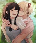  2girls absurdres black_hair blonde_hair blurry blurry_background blurry_foreground blush chxoswolf clenched_teeth closed_eyes collar commentary dress english_commentary frilled_collar frills grass grey_dress hair_ribbon highres hood hoodie hug hug_from_behind inoue_takina long_hair long_sleeves lycoris_recoil multiple_girls nature nishikigi_chisato one_side_up open_mouth pinafore_dress pink_hoodie puffy_sleeves red_ribbon ribbon shirt short_hair sidelocks signature sleeveless sleeveless_dress smile teeth upper_body upper_teeth_only white_shirt yuri 