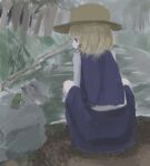  1girl absurdres blonde_hair forest frog grass grey_background hairband hat highres kneeling looking_at_another looking_at_viewer medium_hair moriya_suwako nature rain red_hairband river riverbank rock shinkopeishon solo touhou tree 