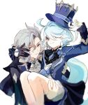  1boy 1girl ahoge ascot asymmetrical_gloves black_ascot black_gloves blue_eyes blue_hair blue_headwear blue_jacket brooch carrying chinese_commentary commentary_request focalors_(genshin_impact) genshin_impact gloves grey_hair hat highres jacket jewelry light_blue_hair long_hair nan_(nanbiandedashu) neuvillette_(genshin_impact) ponytail princess_carry shorts top_hat white_gloves white_shorts 