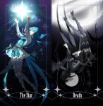  2girls arms_up belt bird bird_girl bird_legs bird_tail bird_wings black_capelet black_dress black_eyes black_hair black_tears blue_capelet blue_dress blue_eyes blue_hair buljumeok_ishutal capelet card_(medium) contrast death_(tarot) dress falling feathered_wings final_fantasy final_fantasy_xiv floating from_side full_body glowing grin halo head_wings highres long_sleeves looking_at_viewer looking_up meteion monster_girl multiple_girls outstretched_arms rotational_symmetry short_hair signature sky smile star_(sky) star_(symbol) starry_sky tail talons tarot tassel tears the_star_(tarot) upside-down wings 