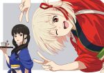 2girls ;d absurdres asada7101 black_hair blonde_hair blue_kimono border commentary_request double_v grey_background hair_ribbon highres inoue_takina japanese_clothes kimono long_hair looking_at_viewer lycoris_recoil multiple_girls nishikigi_chisato official_style one_eye_closed one_side_up open_mouth parody partial_commentary red_eyes red_kimono red_ribbon ribbon short_sleeves smile style_parody teeth twintails upper_body upper_teeth_only v violet_eyes white_border wide_sleeves 