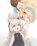  2girls animal_ear_fluff animal_ears aqua_hairband aqua_skirt arknights bag baigao black_bow black_dress blonde_hair borrowed_character bow brown_bag brown_eyes cardigan cat_hair_ornament chinese_commentary commentary_request dress dress_bow fox_ears fox_girl fox_tail frilled_hairband frills green_eyes grey_hair hair_ornament hair_scrunchie hairband highres kitsune kyuubi long_hair long_sleeves multiple_girls multiple_tails neck_ribbon official_alternate_costume open_mouth original puffy_long_sleeves puffy_sleeves red_ribbon ribbon round_bag scrunchie shoulder_bag skirt sleeveless sleeveless_dress suzuran_(arknights) suzuran_(spring_praise)_(arknights) tail thick_eyebrows yellow_cardigan 