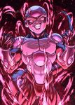  1boy artist_name aura biceps black_background black_frieza bracer clenched_hands colored_skin commentary cowboy_shot dragon_ball dragon_ball_super energy english_commentary evil_grin evil_smile frieza gem grin hands_up instagram_logo instagram_username looking_at_viewer male_focus muscular muscular_male pectorals purple_gemstone red_background red_eyes signature simple_background smile solo tail teeth twitter_logo twitter_username uchiha_jake v-shaped_eyebrows 